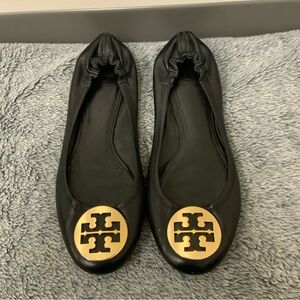 Tory Burch Black Flats with Gold Emblem